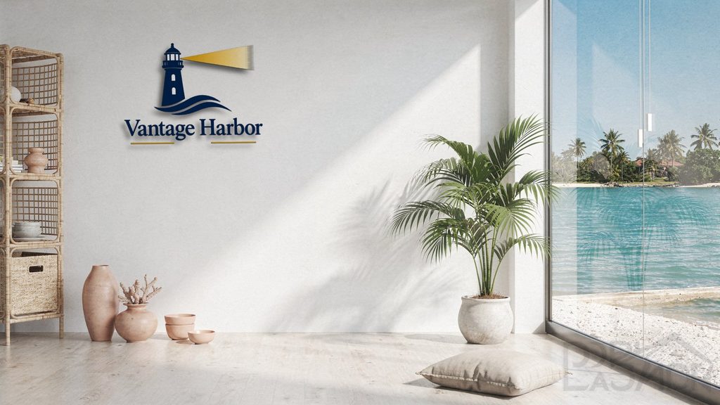 The Vantage Harbor logo mounted as a 3D sign on a beachfront villa wall